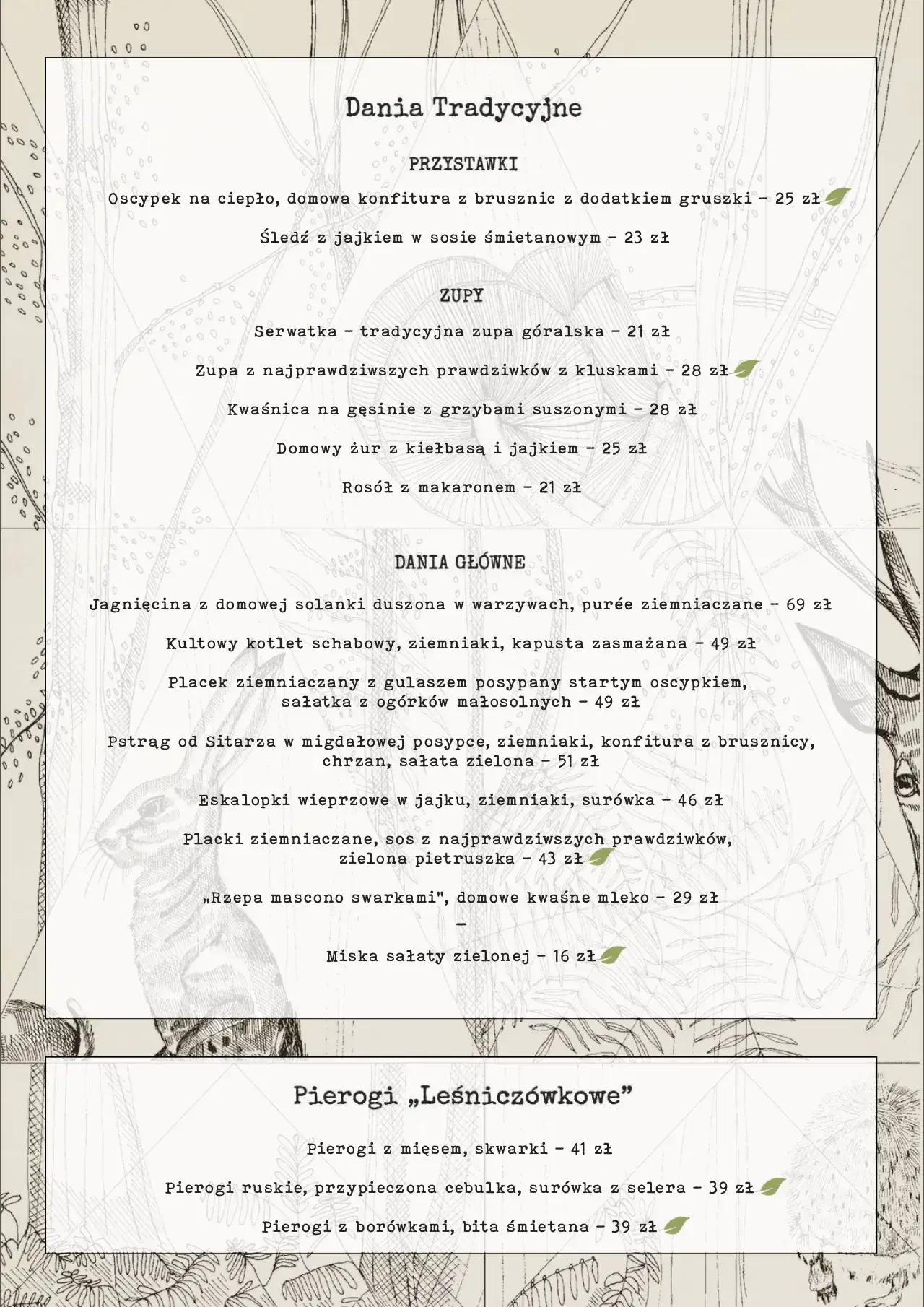 Menu Leśniczówka U Zięby Witów koło Zakopanego